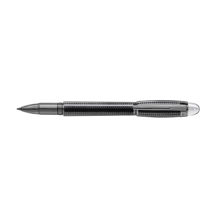 Montblanc StarWalker Ultimate Carbon fineliner with cap removed, woven anthracite carbon fiber cap and barrel