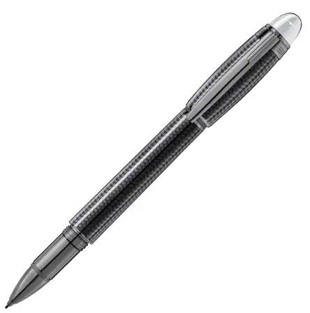 Montblanc StarWalker Ultimate Carbon fineliner uncapped at an angle, carbon weave, ruthenium plated fittings, and fineliner tip visible