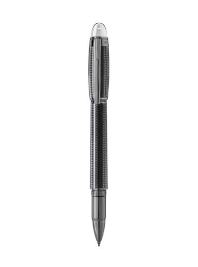 Montblanc StarWalker Ultimate Carbon fineliner standing vertically, transparent cap top with floating Montblanc emblem