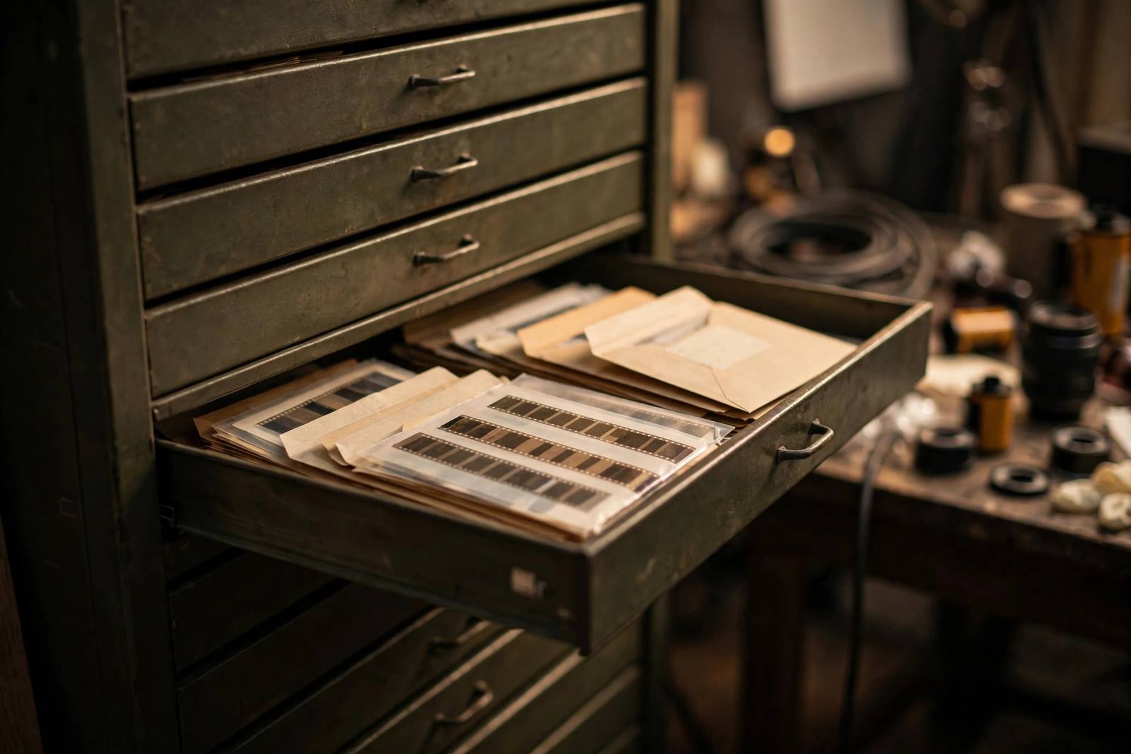 Flat file archive drawers with sleeved film negatives