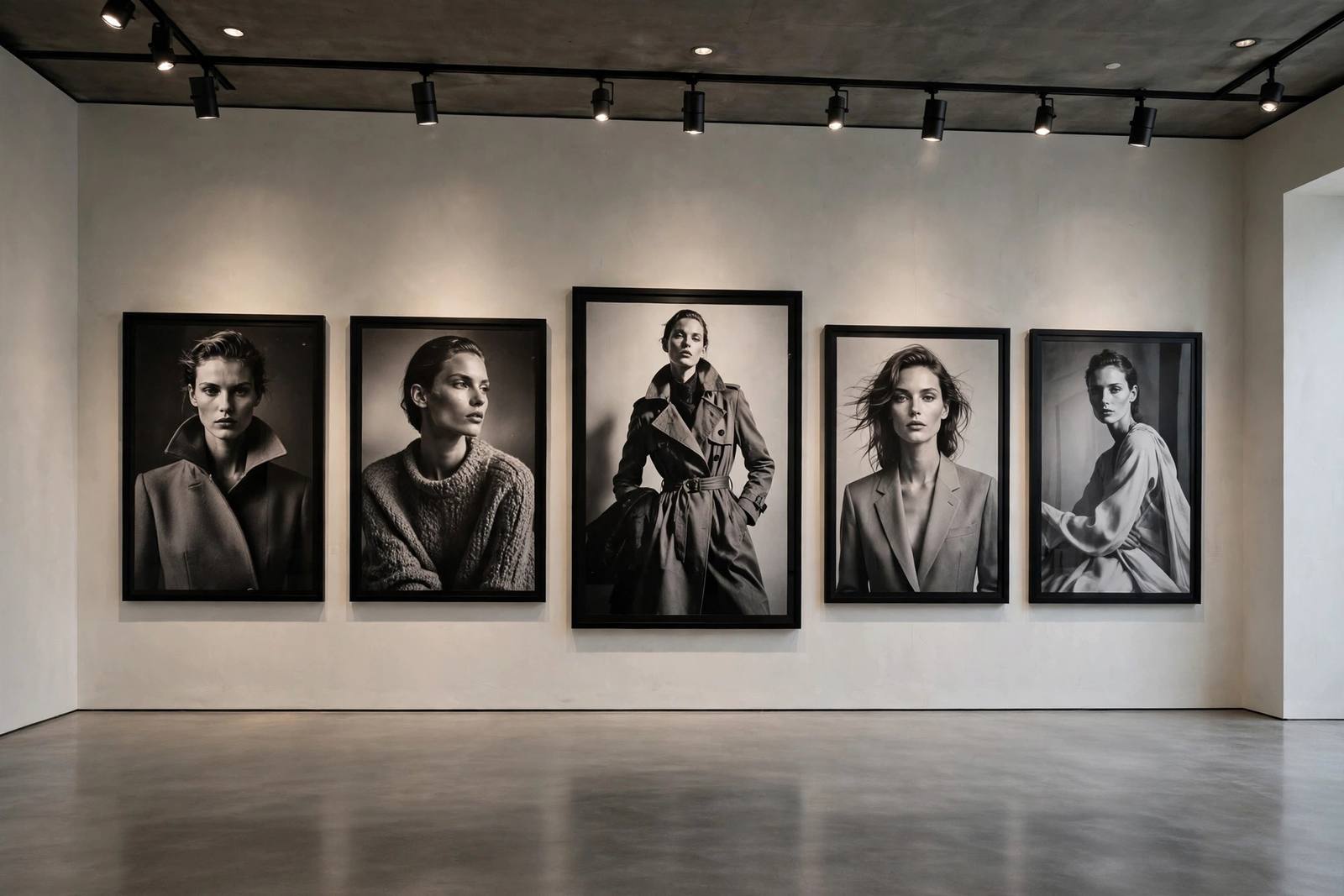 A gallery wall with five framed black and white fashion portraits
